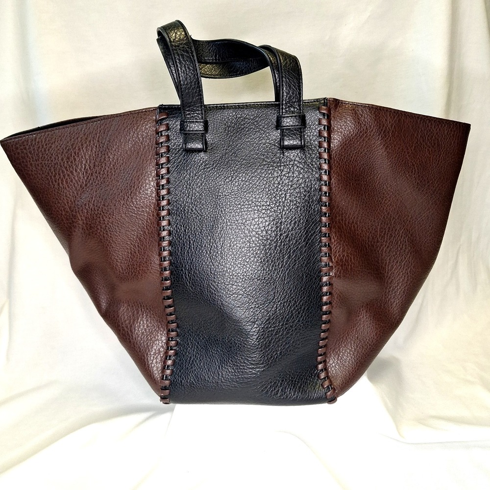 Anthropologie Large Tote Bag Magnetic Snap Brown Black Stitched Boho Huge Bucket